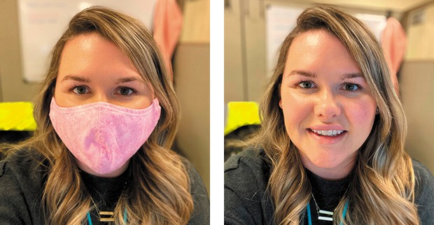 Photo of Kayla Smith with and without her mask