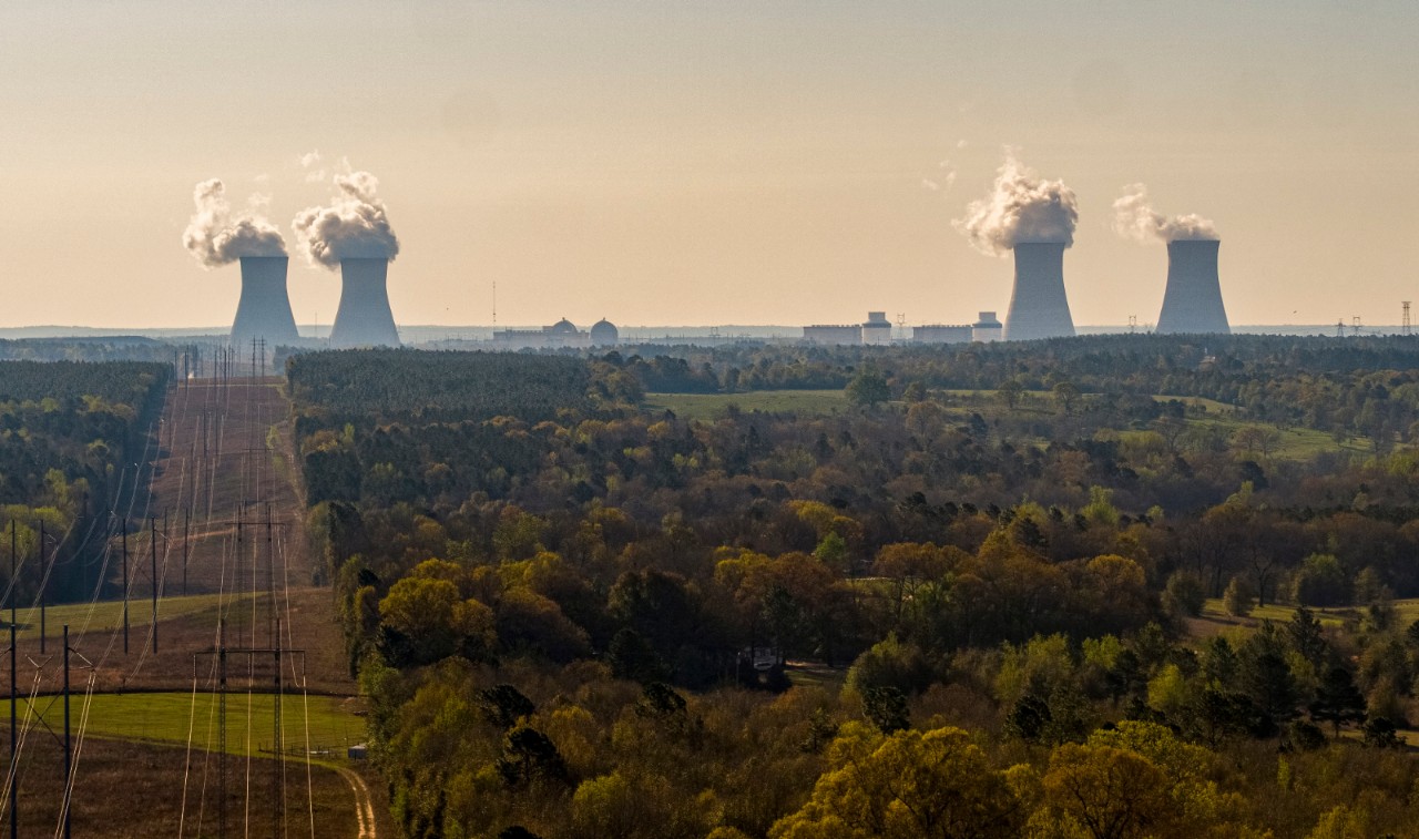 Two cooling towers of the Vogtle nuclear plant are visible beyond a reflective lake surrounded by grasses and trees under a bright sky.